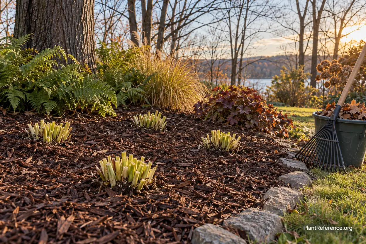 Hostas cut back to the crown and mulched in a cleaned shade bed for winter