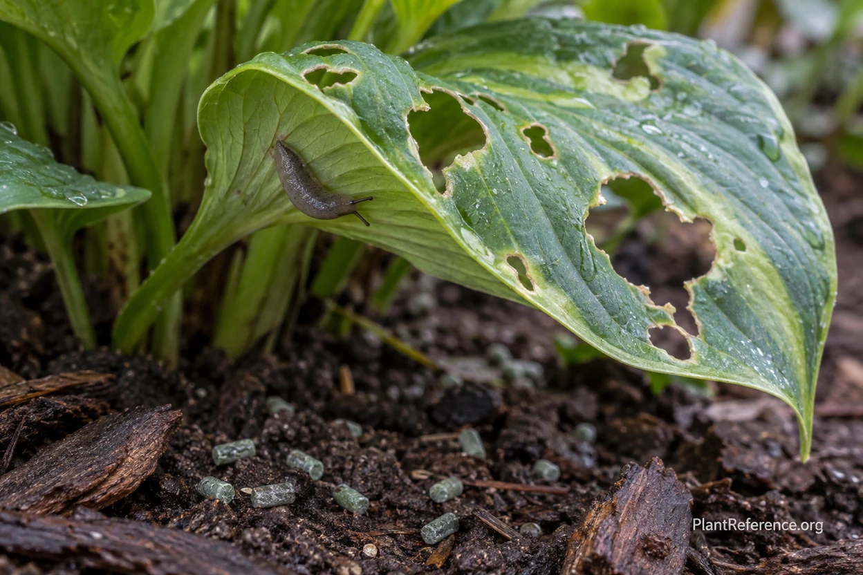 Ragged slug holes in a hosta leaf with iron phosphate bait scattered on the soil below