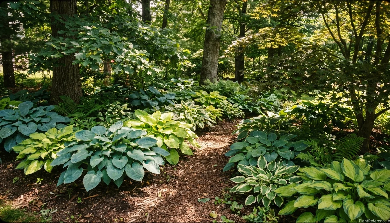 Blue, gold, and variegated hostas filling a shaded garden bed beneath mature trees