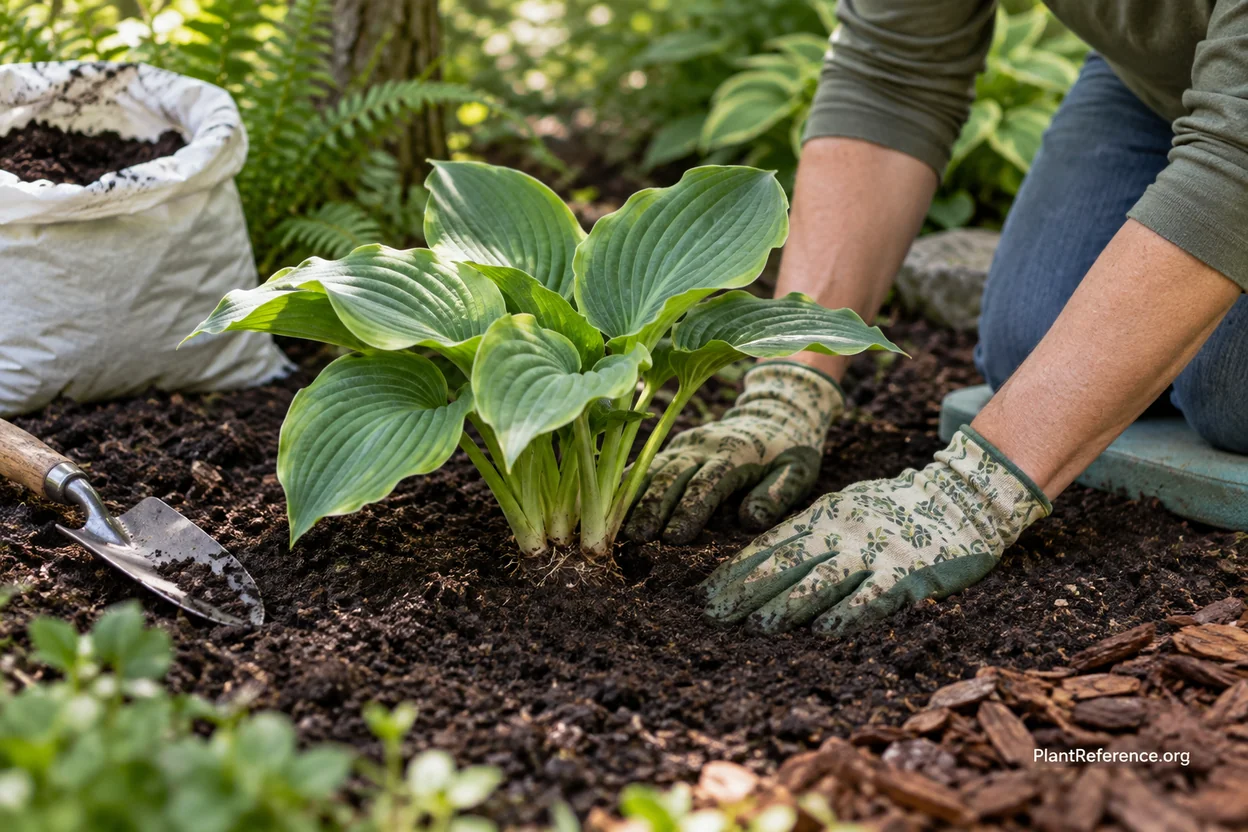 Planting a hosta division with the crown set at soil level in compost-amended shade bed