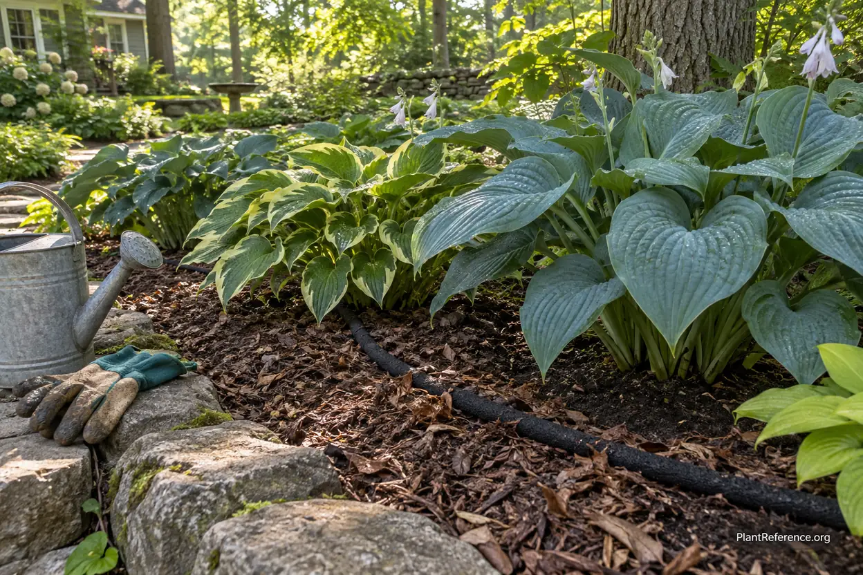 Soaker hose delivering water to the base of hostas under bark mulch in a shade bed