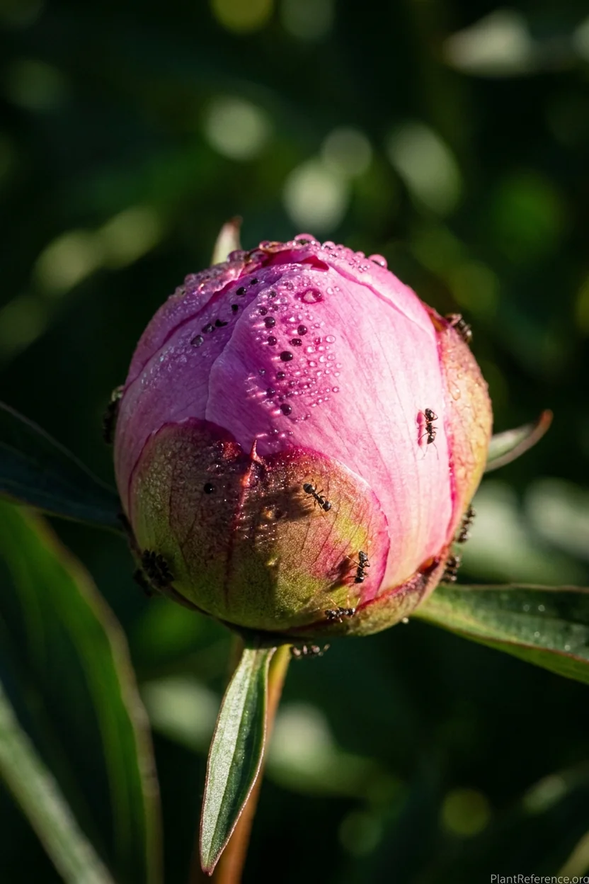 Black ants feeding on nectar from a closed pink peony bud covered in morning dew