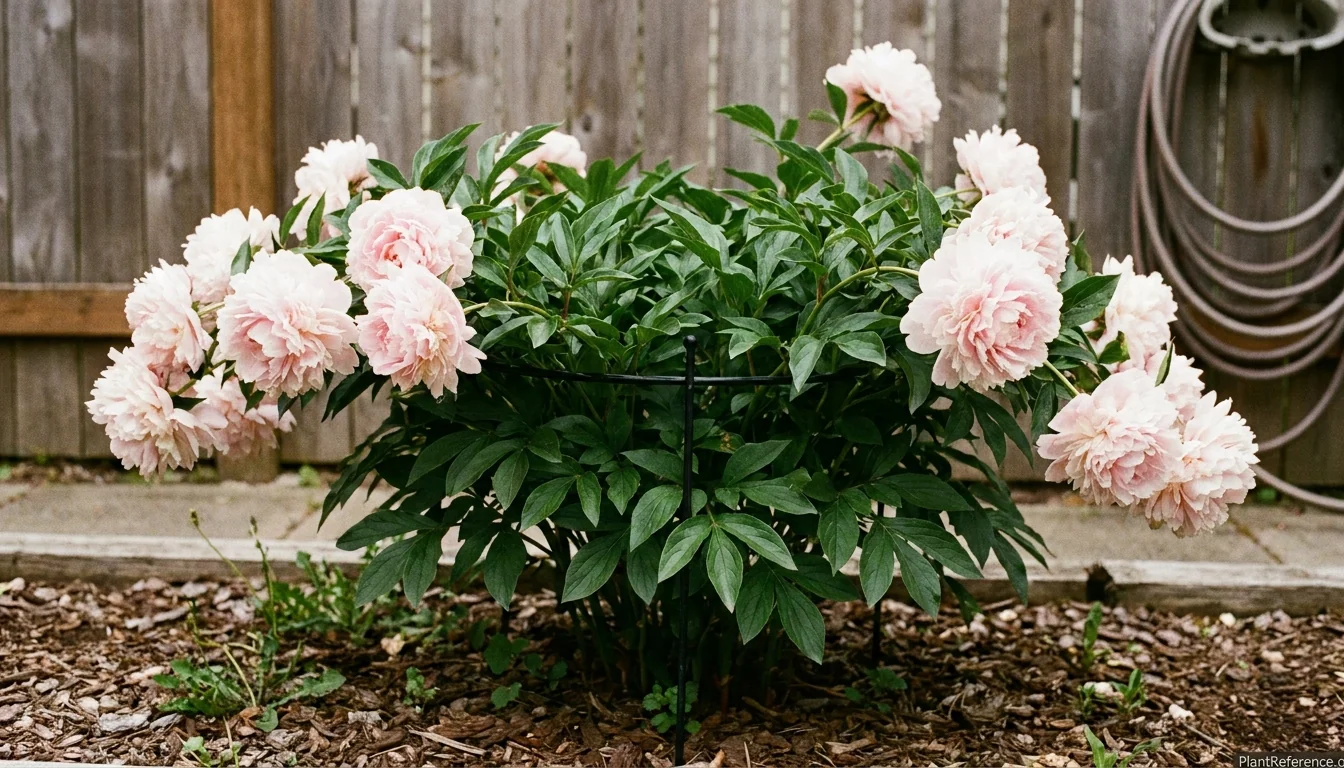 Mature pink peony clump blooming in a New England perennial border with metal grow-through support ring