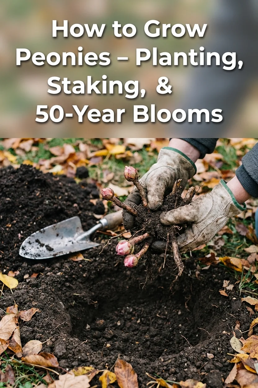 Peony growing guide showing correct planting depth and staking for long-lived blooms