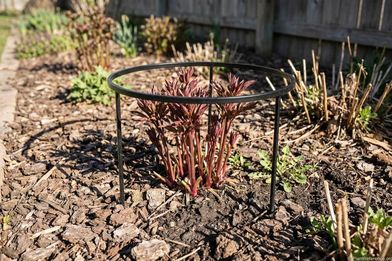 Metal grow-through support ring installed over young red peony shoots in early spring