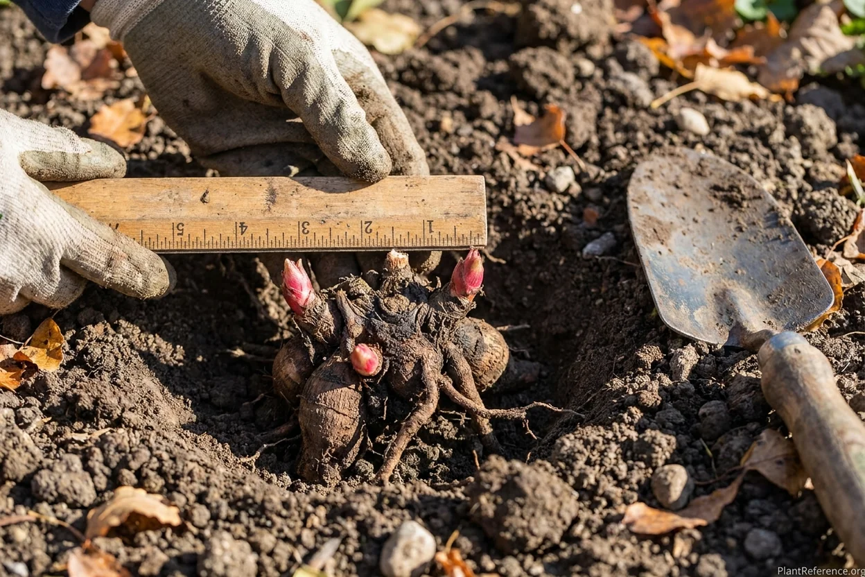 Peony root division showing pink eyes positioned 2 inches below the soil surface at planting