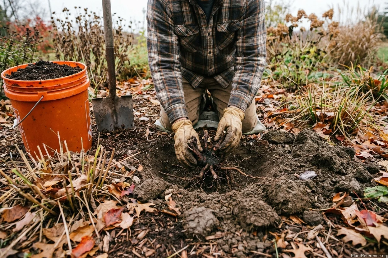 Gardener planting a bare root peony division in a wide autumn planting hole with compost