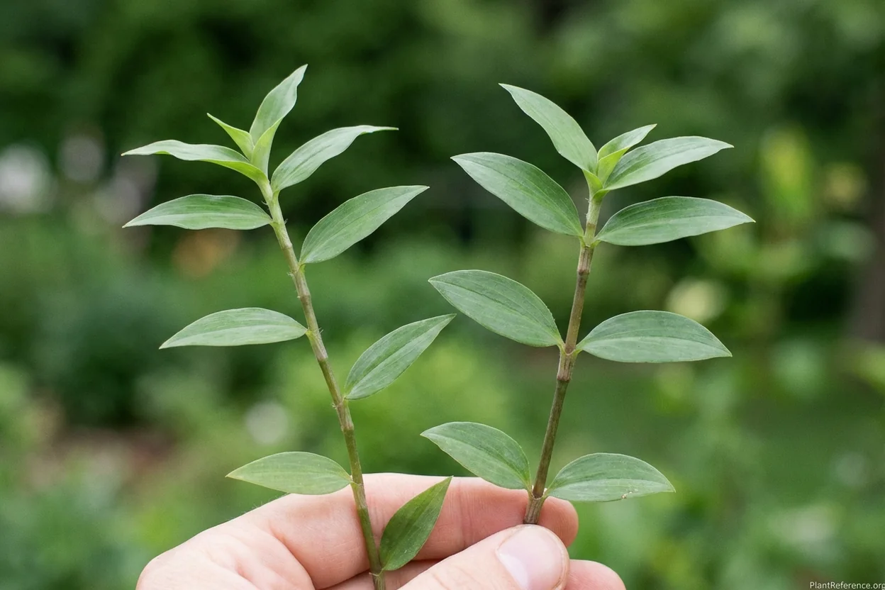 Alternate leaf arrangement versus opposite leaf arrangement on plant stems side by side