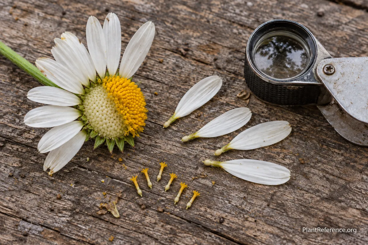 Dissected daisy flower head showing individual ray florets and disk florets for identification