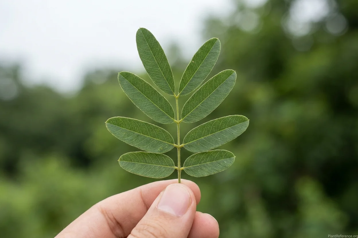 Compound pinnately arranged leaf showing separate leaflets along central rachis