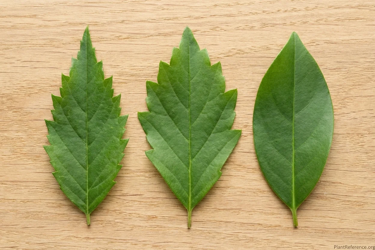 Three leaf margin types compared showing serrate teeth dentate teeth and smooth entire edge
