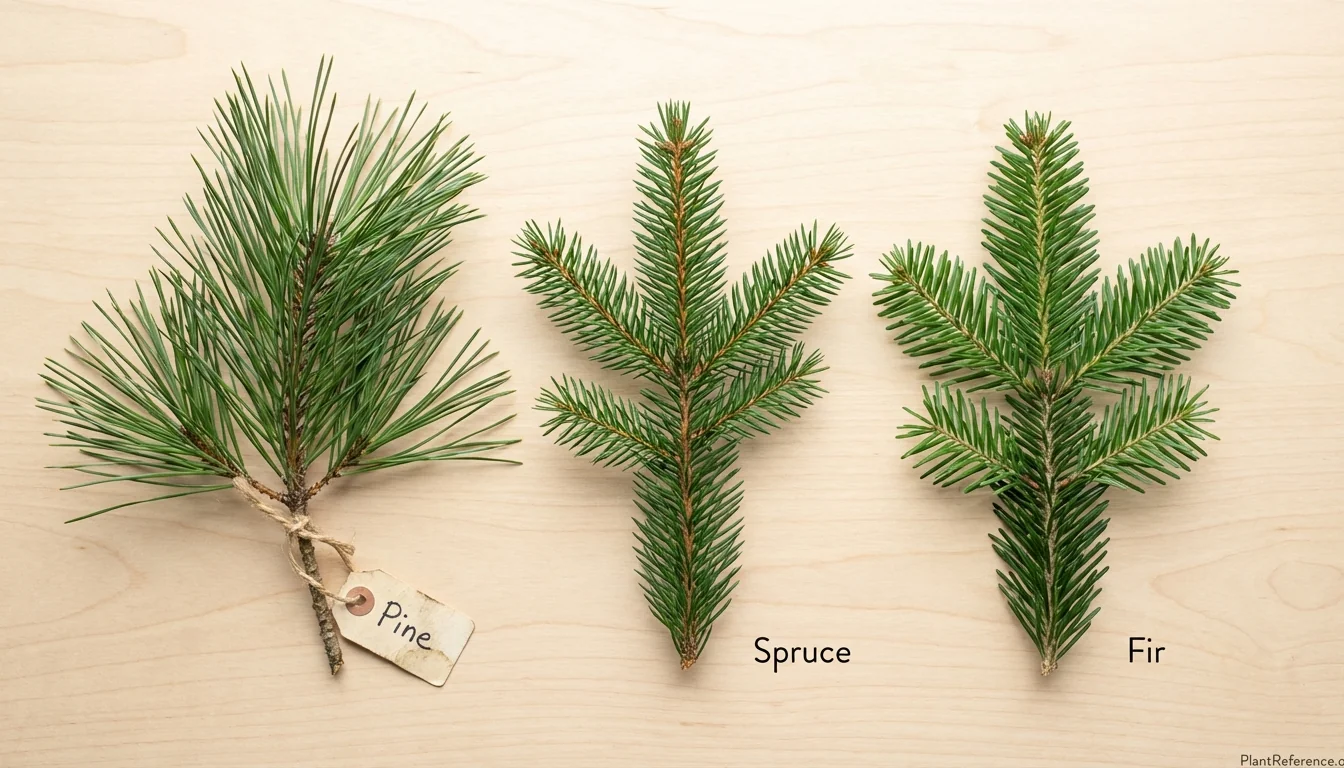 Pine spruce and fir branches compared showing bundled square and flat needle types