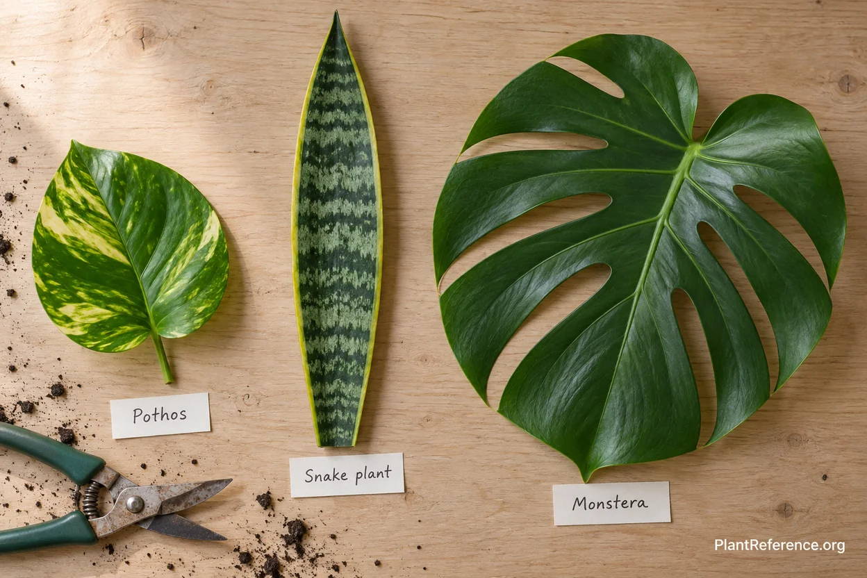 Houseplant leaf shapes compared: heart-shaped pothos, strappy snake plant, and split monstera