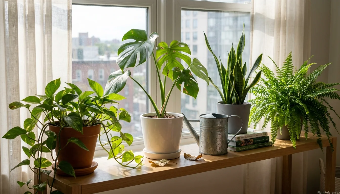 Common houseplants on a shelf for identification including pothos, monstera, and snake plant