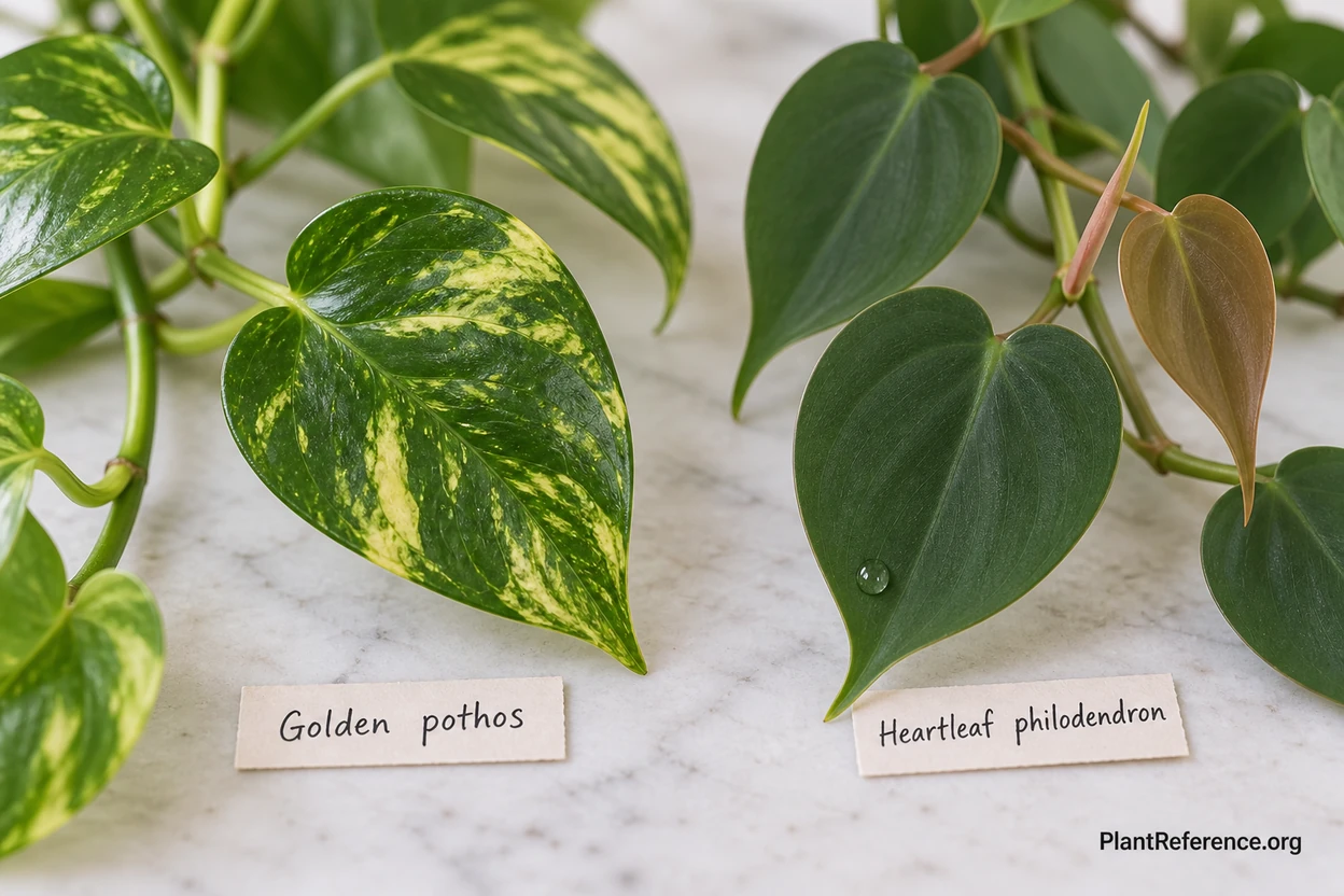 Pothos versus heartleaf philodendron leaves compared by texture and variegation