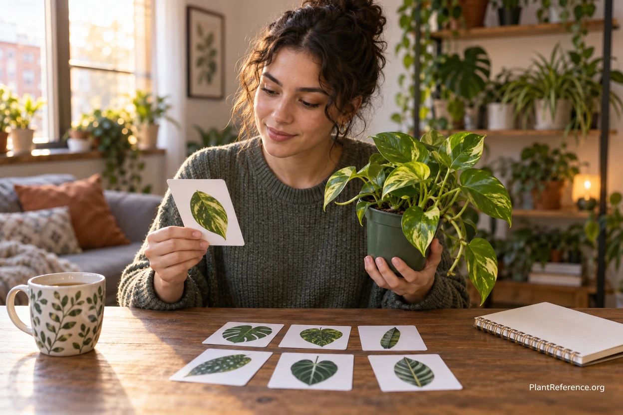 Indoor gardener practicing houseplant identification with study flashcards at home
