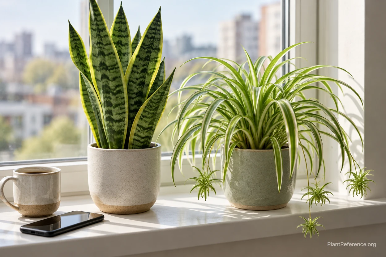 Snake plant with upright leaves beside an arching spider plant with plantlets