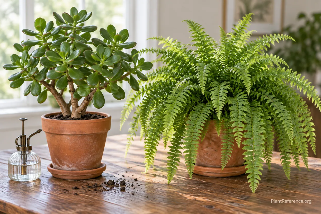 Jade plant succulent beside a feathery Boston fern for houseplant identification