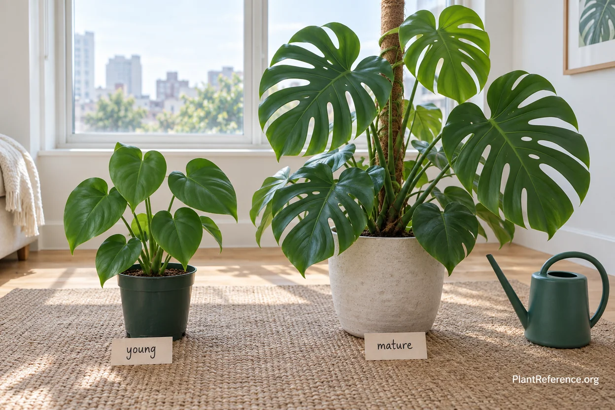 Young monstera with solid leaves beside a mature monstera with split fenestrated leaves