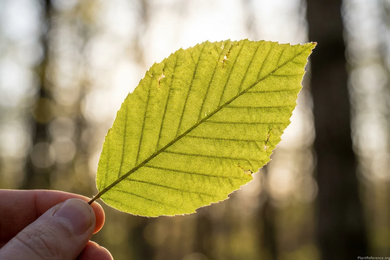 American beech leaf showing distinctively straight parallel pinnate venation for identification
