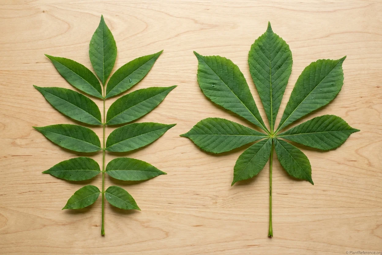 Pinnately compound ash leaf next to palmately compound buckeye leaf for comparison