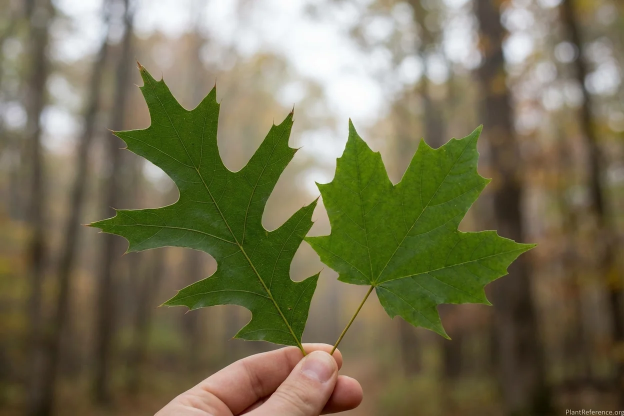 Red oak leaf with pinnate lobes next to sugar maple leaf with palmate lobes for comparison