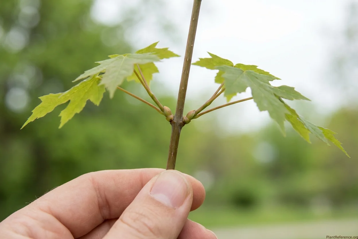 Opposite leaf arrangement on a maple twig showing paired leaves at each node