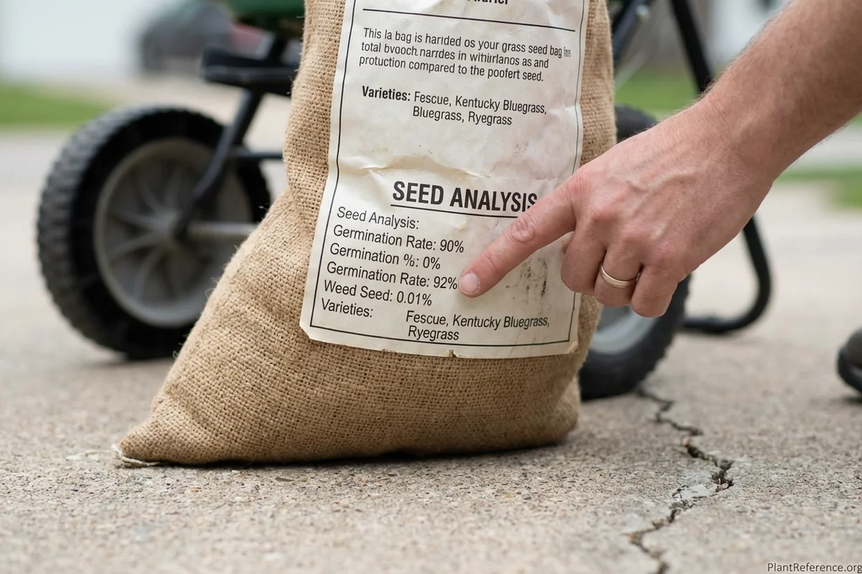 Grass seed bag label showing germination rate weed content and named varieties for quality checking