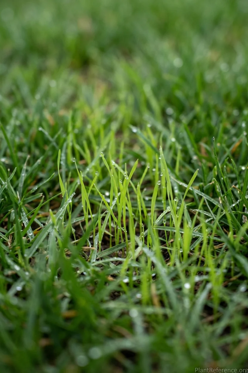 Young grass seedlings emerging between existing turf blades after fall overseeding showing establishment