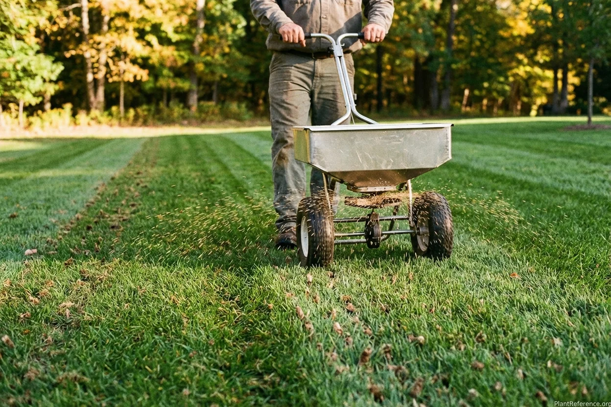 Broadcast spreader making perpendicular passes across lawn for even grass seed distribution