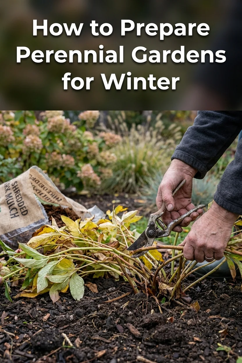 Fall perennial garden winter preparation checklist with pruners, cut stems and mulch
