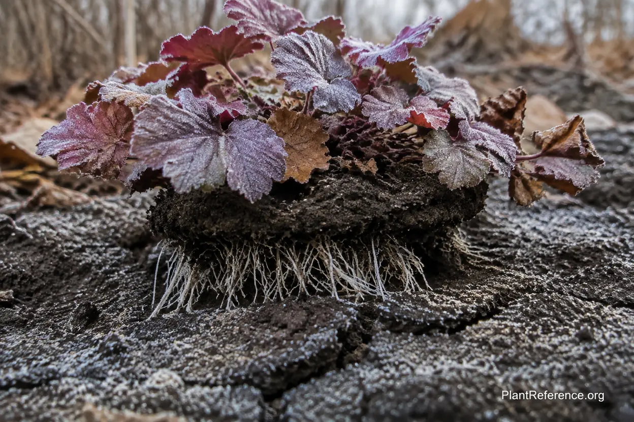 Coral bells crown lifted out of the soil by frost heave with exposed white roots
