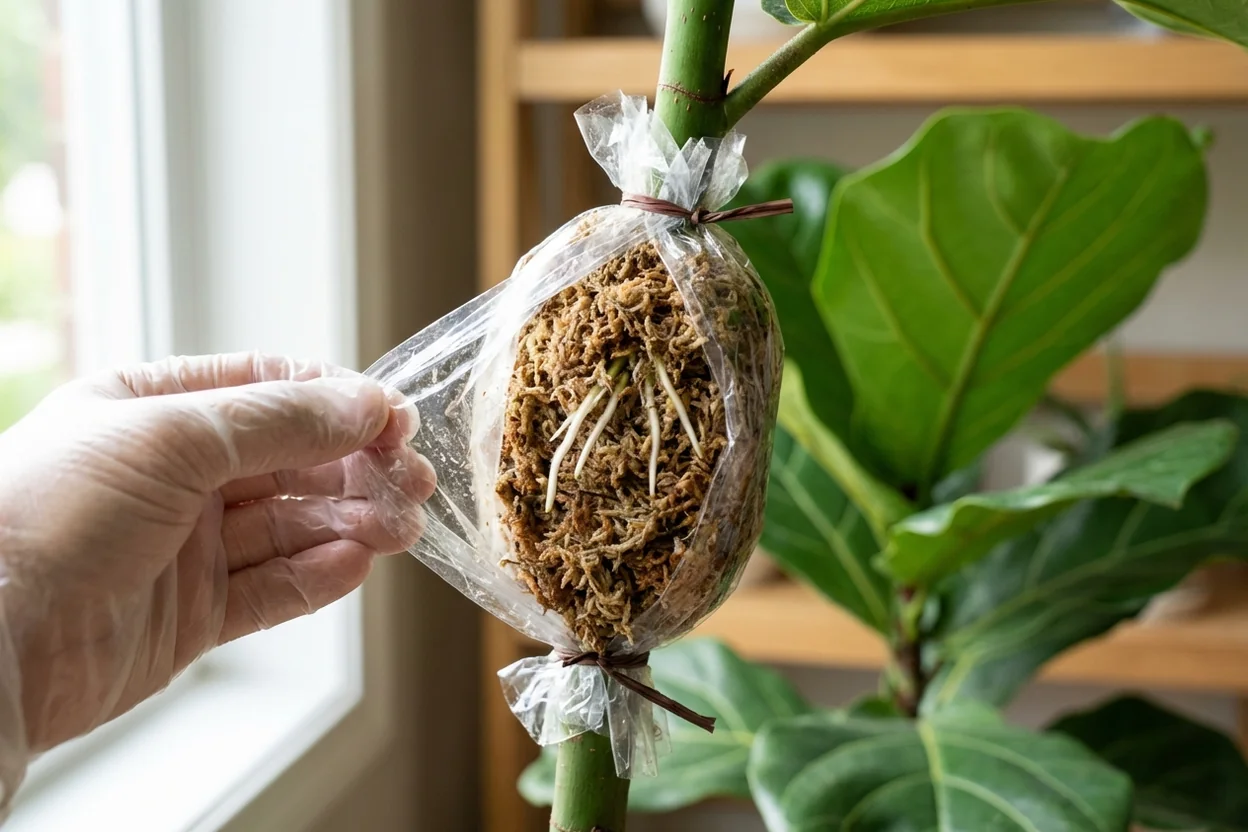 Air layering on fiddle leaf fig stem showing developed white roots visible through clear plastic and sphagnum moss