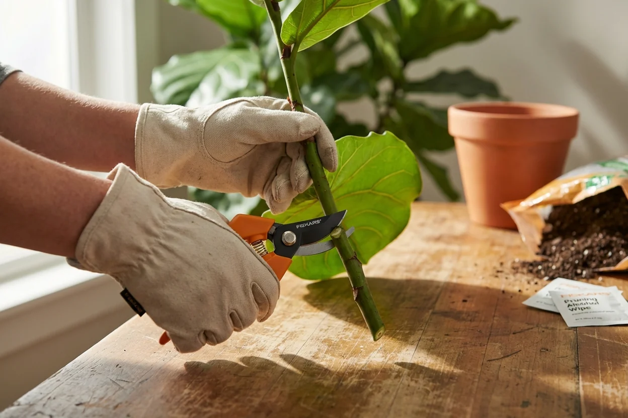 Proper cutting technique for fiddle leaf fig propagation showing 45-degree angle cut below node