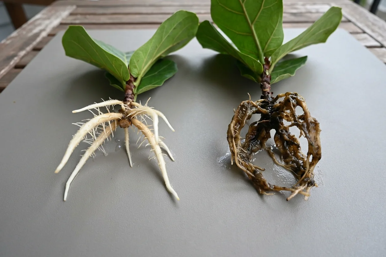 Comparison of healthy white fiddle leaf fig roots versus rotted brown roots for propagation troubleshooting