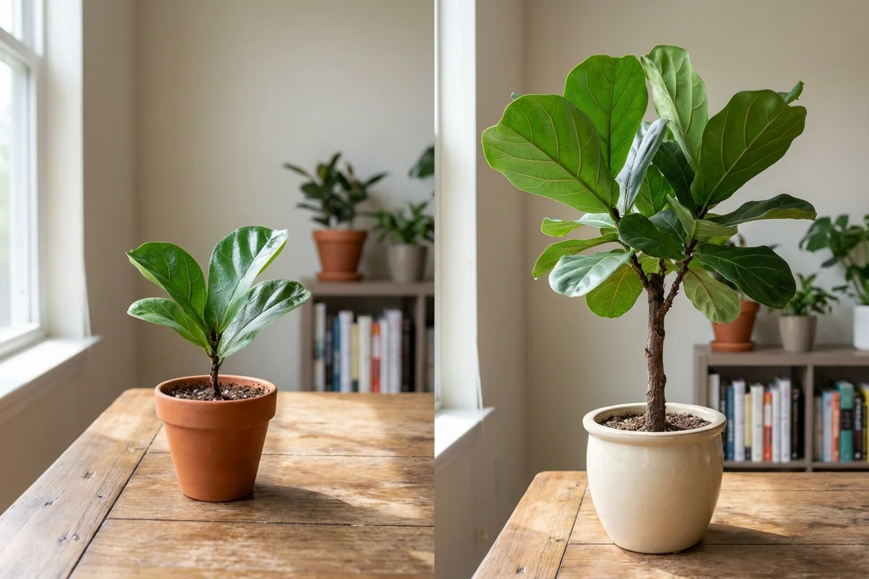 Growth progression of propagated fiddle leaf fig showing rooted cutting versus one year later with significant growth