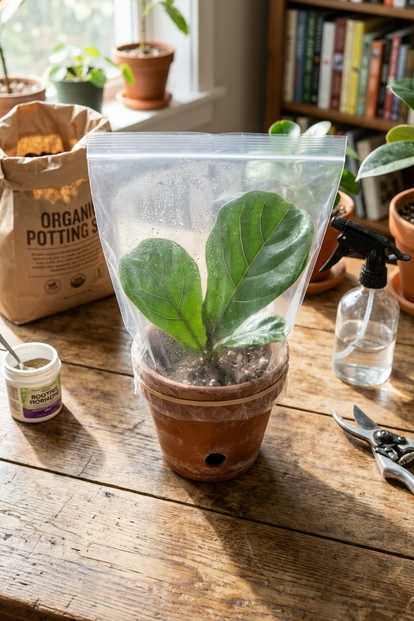Fiddle leaf fig cutting in terracotta pot with clear plastic humidity dome for optimal soil propagation conditions
