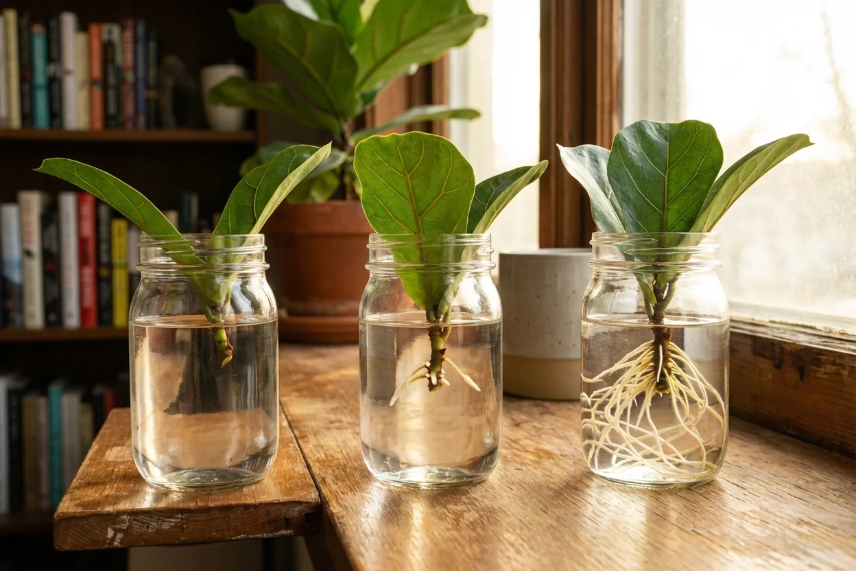 Timeline progression of fiddle leaf fig water propagation showing root development at one, three, and six weeks