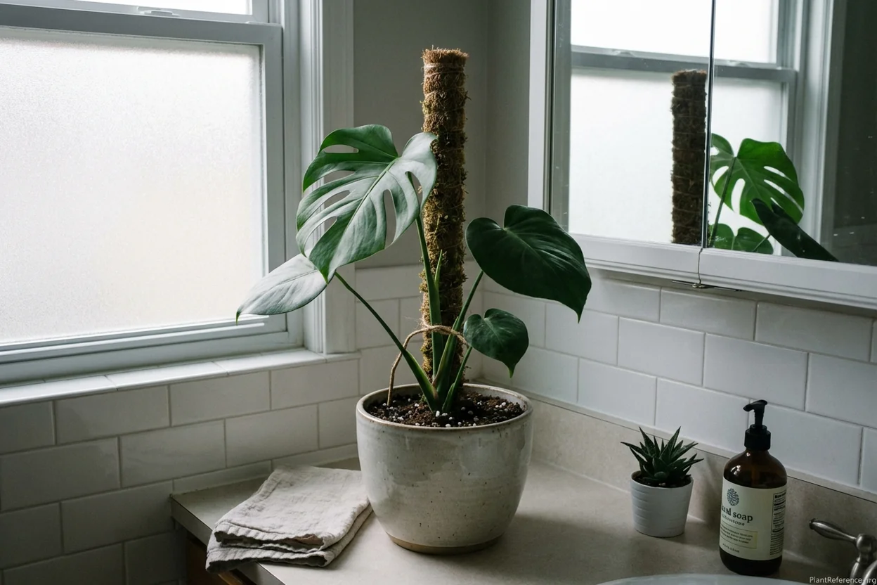 Properly repotted monstera with moss pole showing correct soil depth and placement