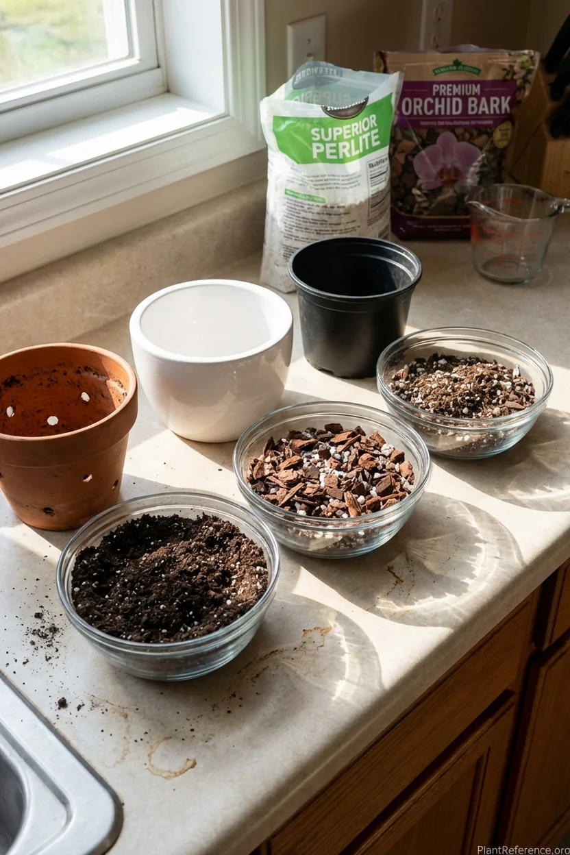 Various pot types and chunky soil mixes showing repotting options for monstera