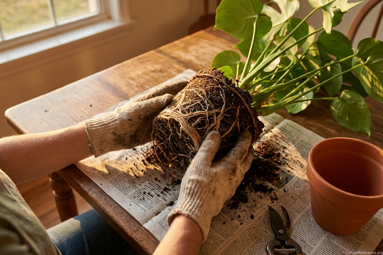 Proper technique for loosening circled monstera roots during repotting process