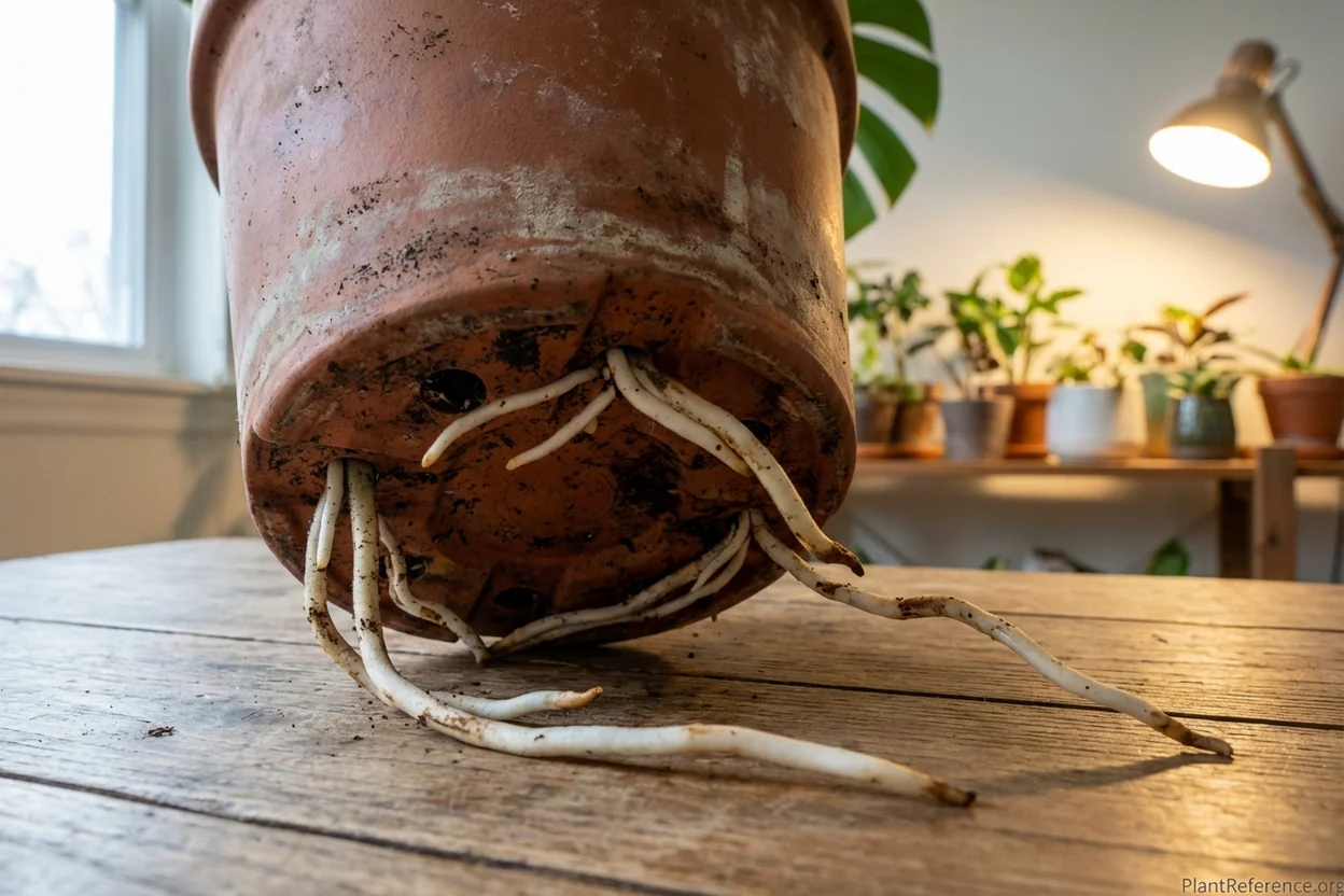 Monstera roots emerging from pot drainage holes showing clear repotting signals