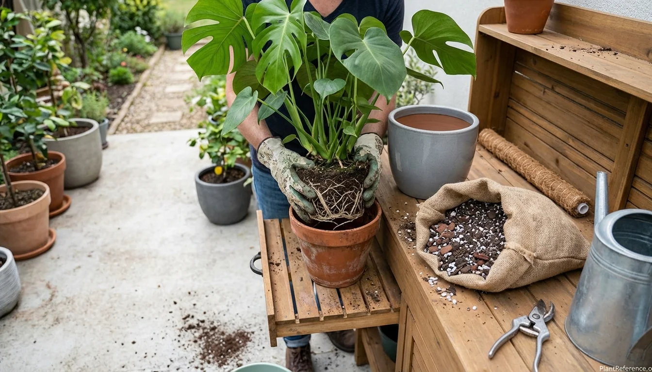 Monstera deliciosa being repotted showing healthy white roots and proper technique