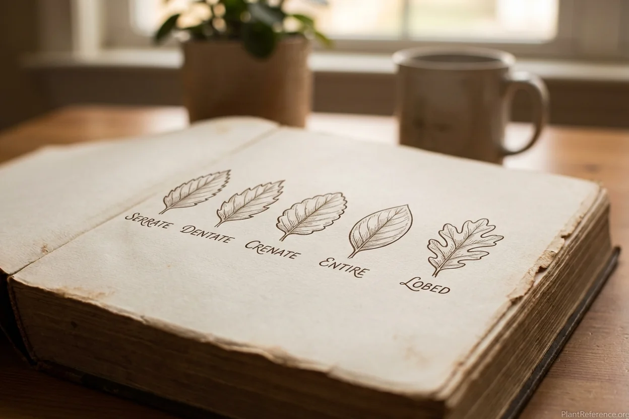 Botanical glossary page showing illustrated leaf margin terms like serrate dentate and entire