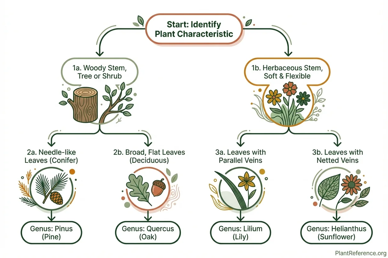 Dichotomous key diagram showing paired choices branching to next couplets or identifications