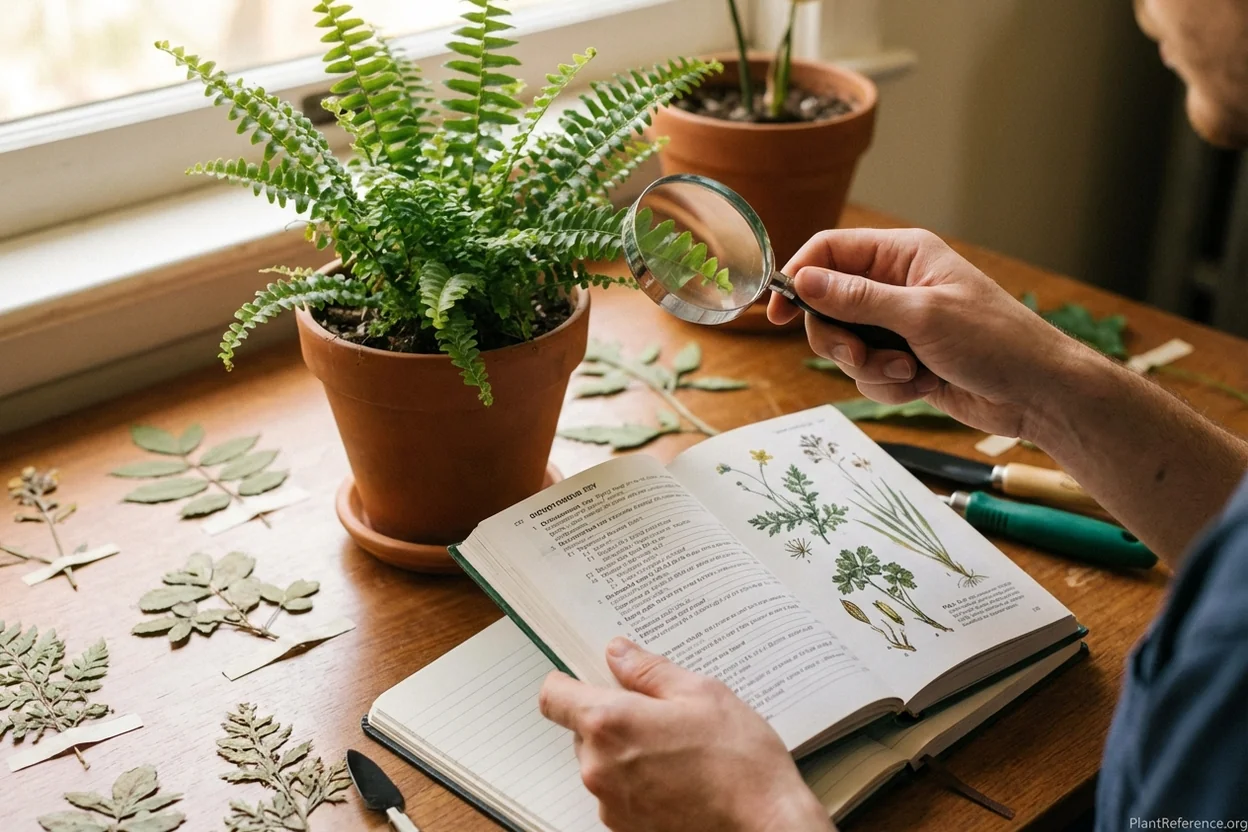 Person using hand lens to examine leaf features while following dichotomous key in field guide