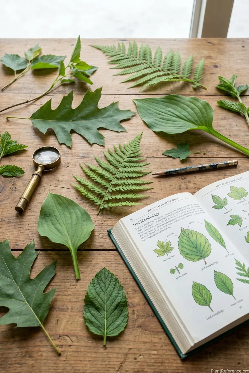 Several different plant specimens with leaves laid out on a table for dichotomous key identification