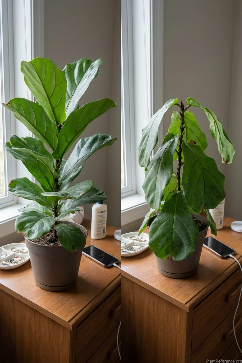 Side-by-side comparison of healthy upright fiddle leaf fig leaves versus drooping leaves showing water stress