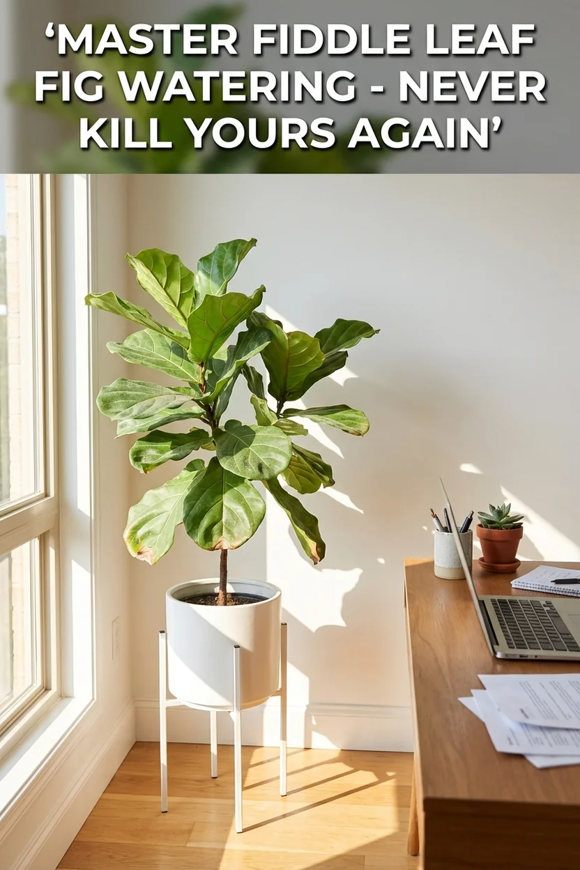 Fiddle leaf fig watering guide Pinterest pin with expert tips for proper care