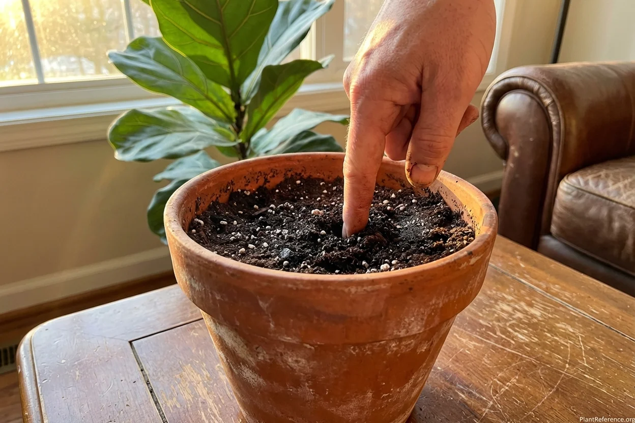 Hand demonstrating proper finger test technique for checking fiddle leaf fig soil moisture